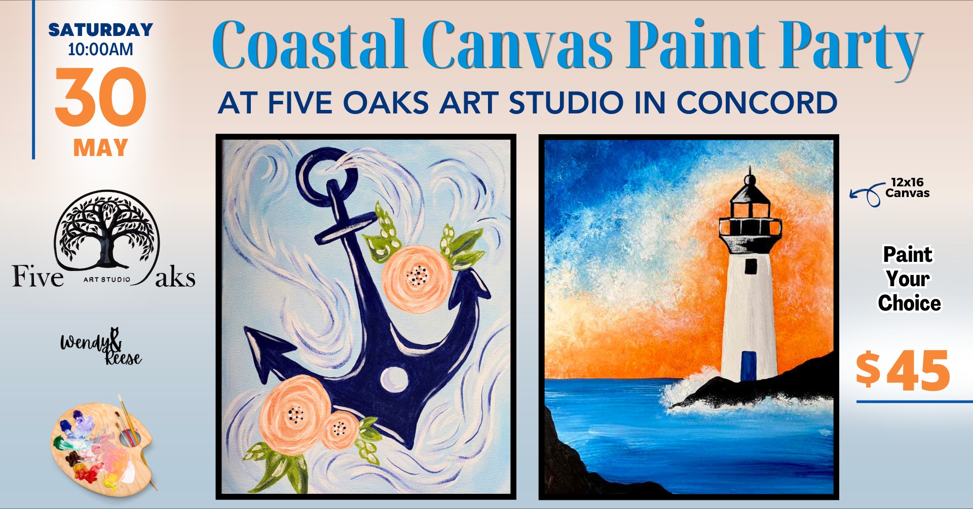 Coastal Canvas Paint Party at Five Oaks Art Studio