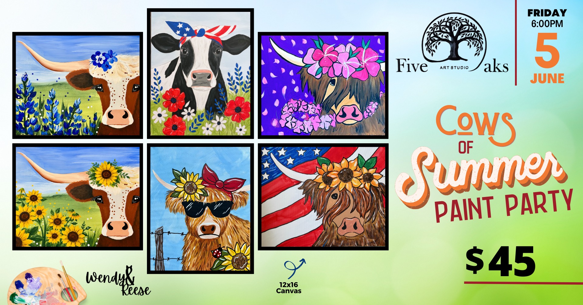 Cows of Summer Paint Party at Five Oaks Art Studio Concord