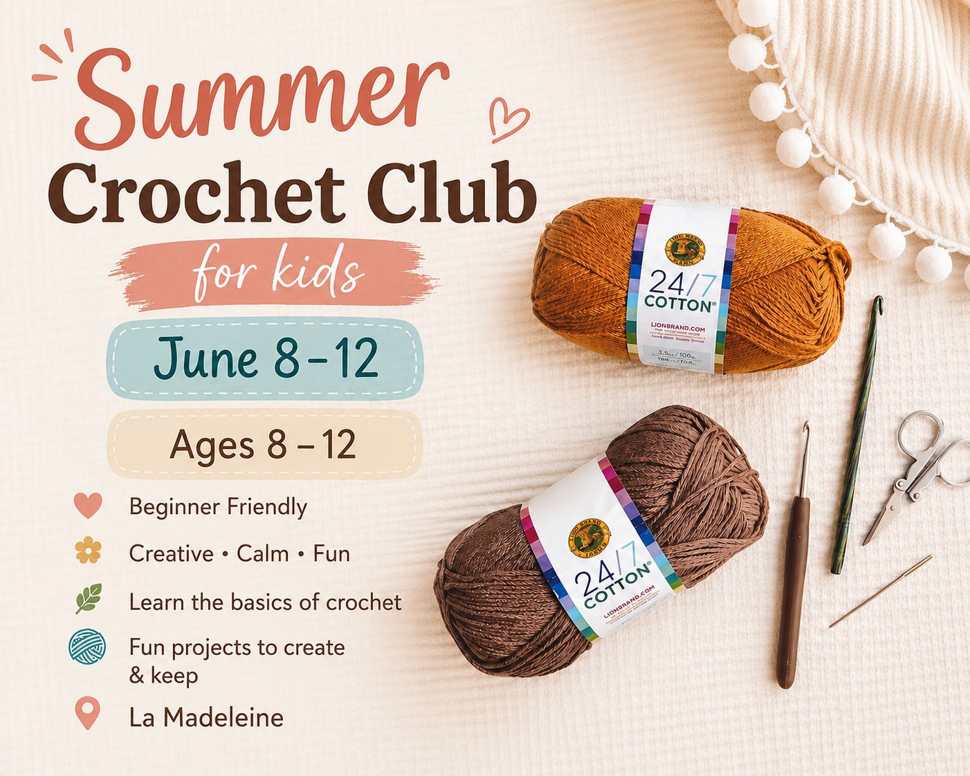 Summer Crochet Club for Kids June 8th- 12th for ages 8-12
