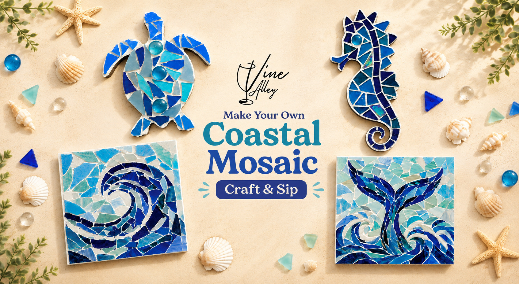 Turtle, Seahorse, Wave or Tail Mosaic - Craft & Sip Turtle, Seahorse, Wave or Tail Mosaic - Craft & Sip