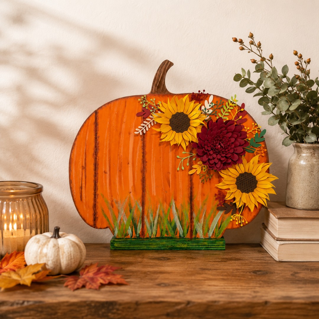 Wood Pumpkin with Paper Flowers
