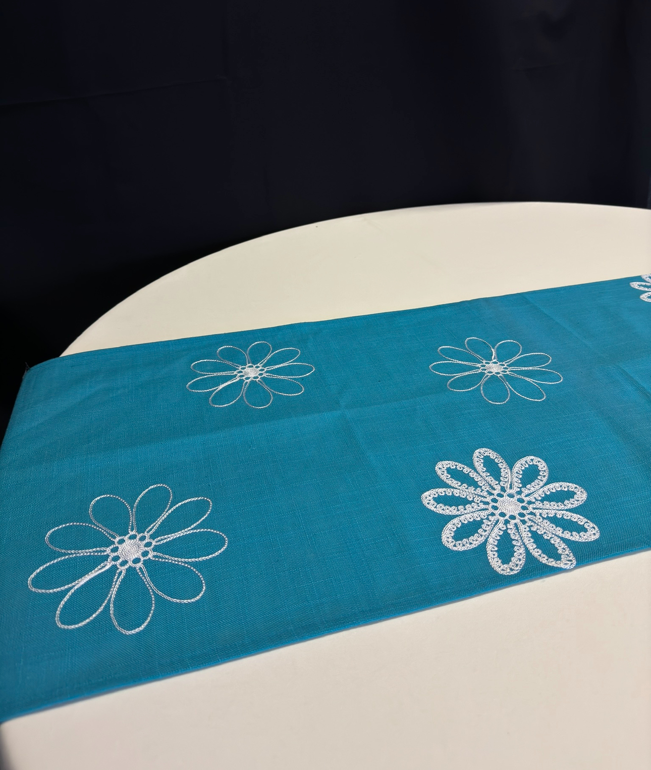 Runner 16"X70" COTTON TURQUOISE WITH WHITE FLOWERS