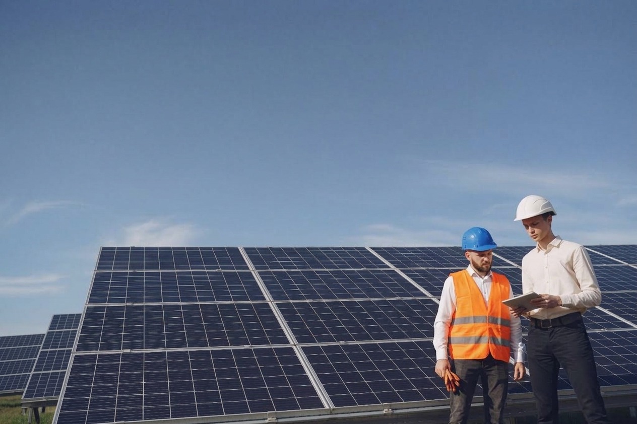 Dos ingenieros con casco revisando una tableta frente a una fila de paneles solares instalados