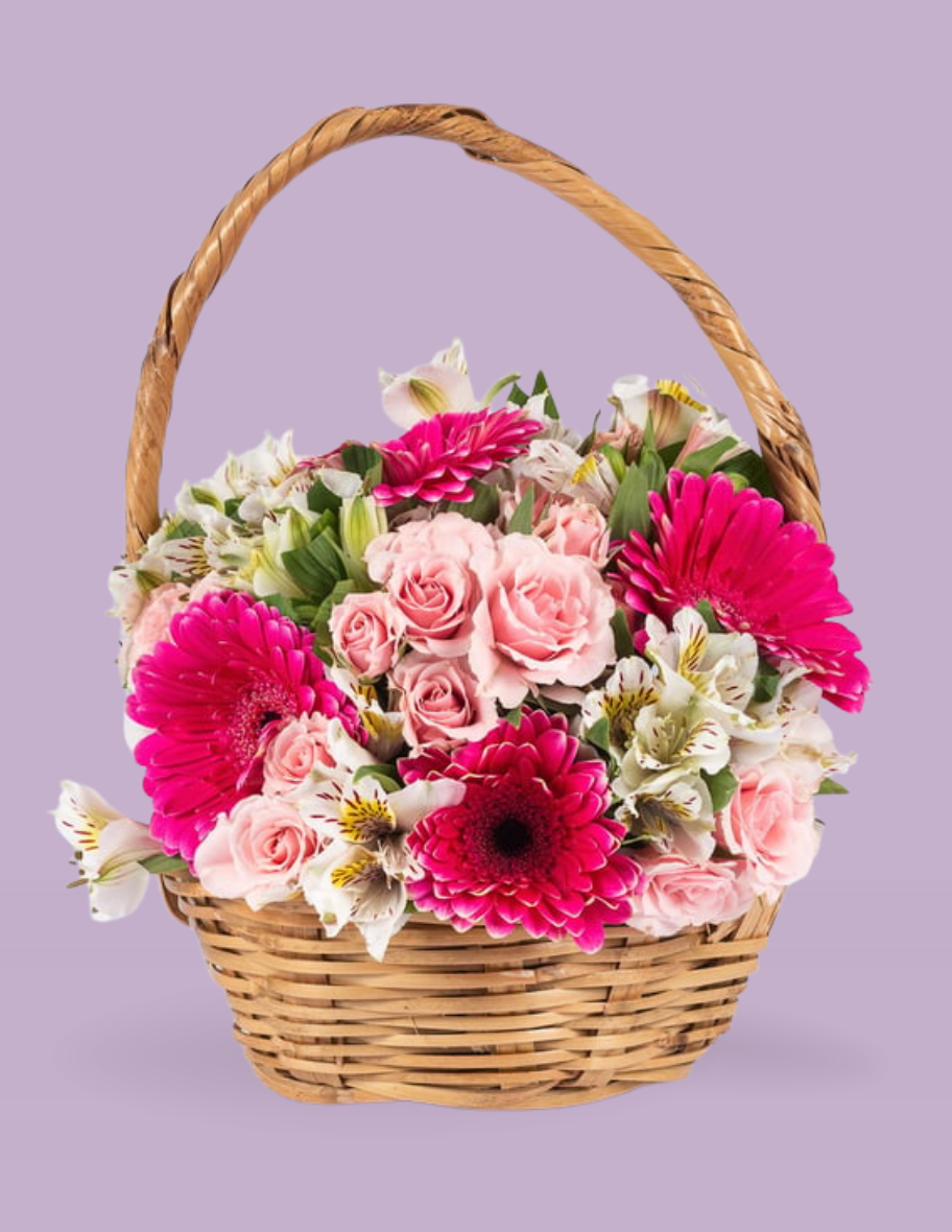 Canasta con Rosas, Gerberas y Astromelias Rosas - entrega de flores, ramo de flores, flores a domicilio