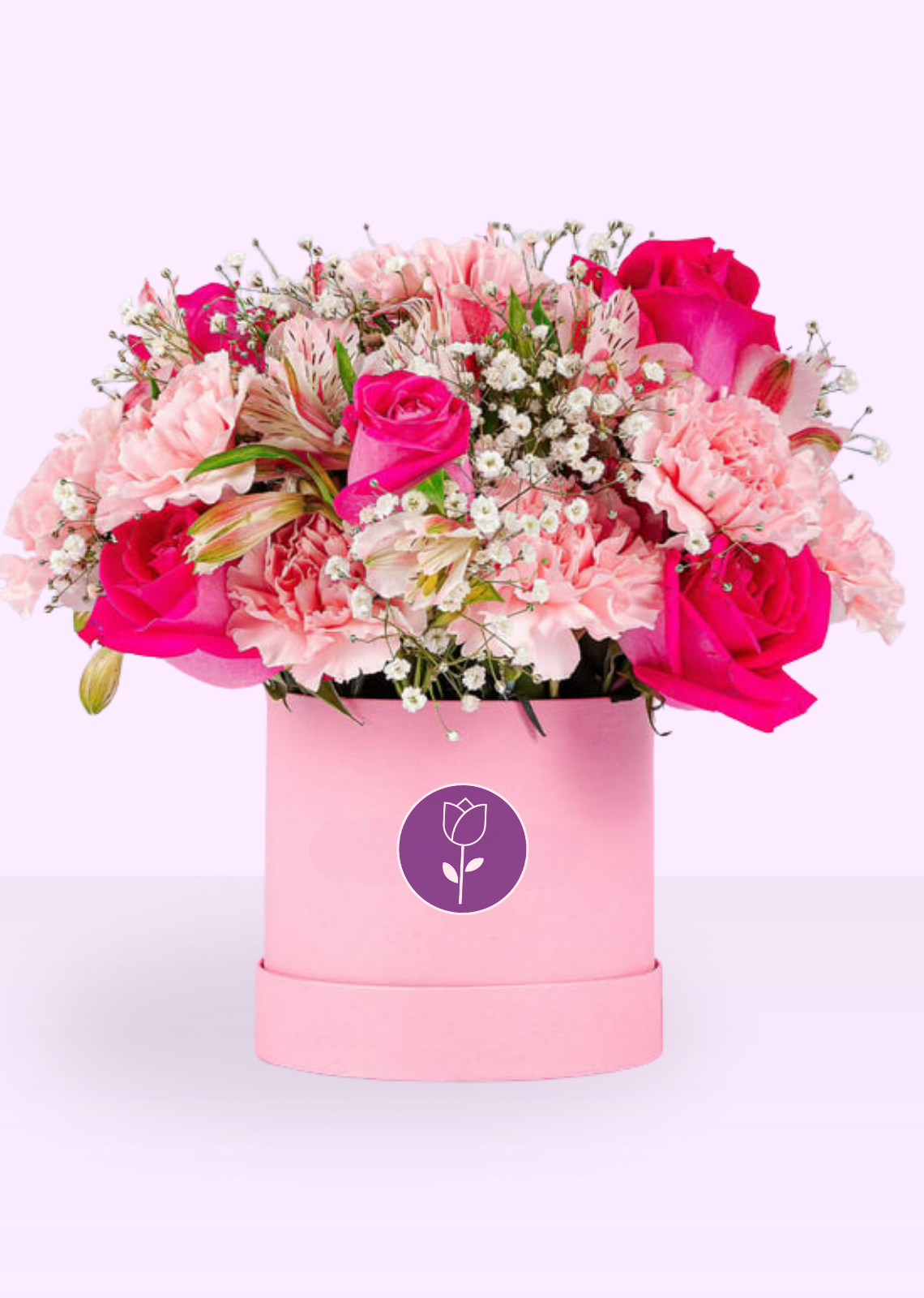 Caja con Claveles Rositas, Astromelias y Rosas Fucsia - entrega de flores, ramo de flores, flores a domicilio