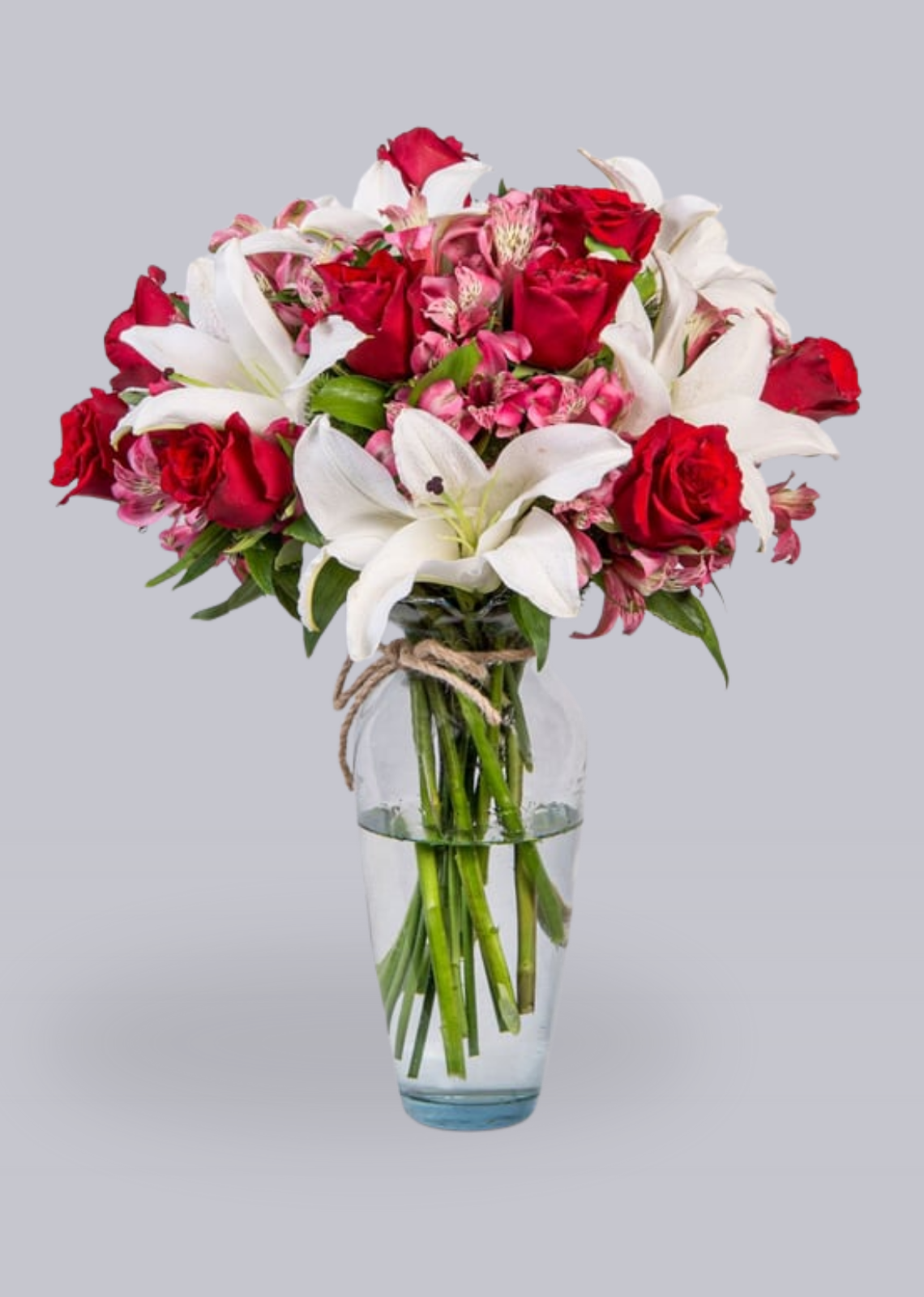 Jarrón con Lirios, Rosas Rojas y Astromelias - entrega de flores, ramo de flores, flores a domicilio