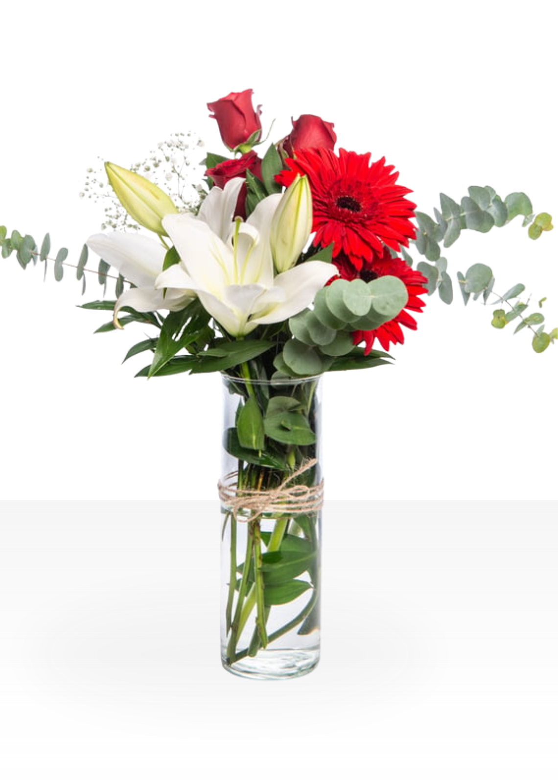 Jarrón con Gerberas, Lirios Blancos y Rosas Rojas - entrega de flores, ramo de flores, flores a domicilio