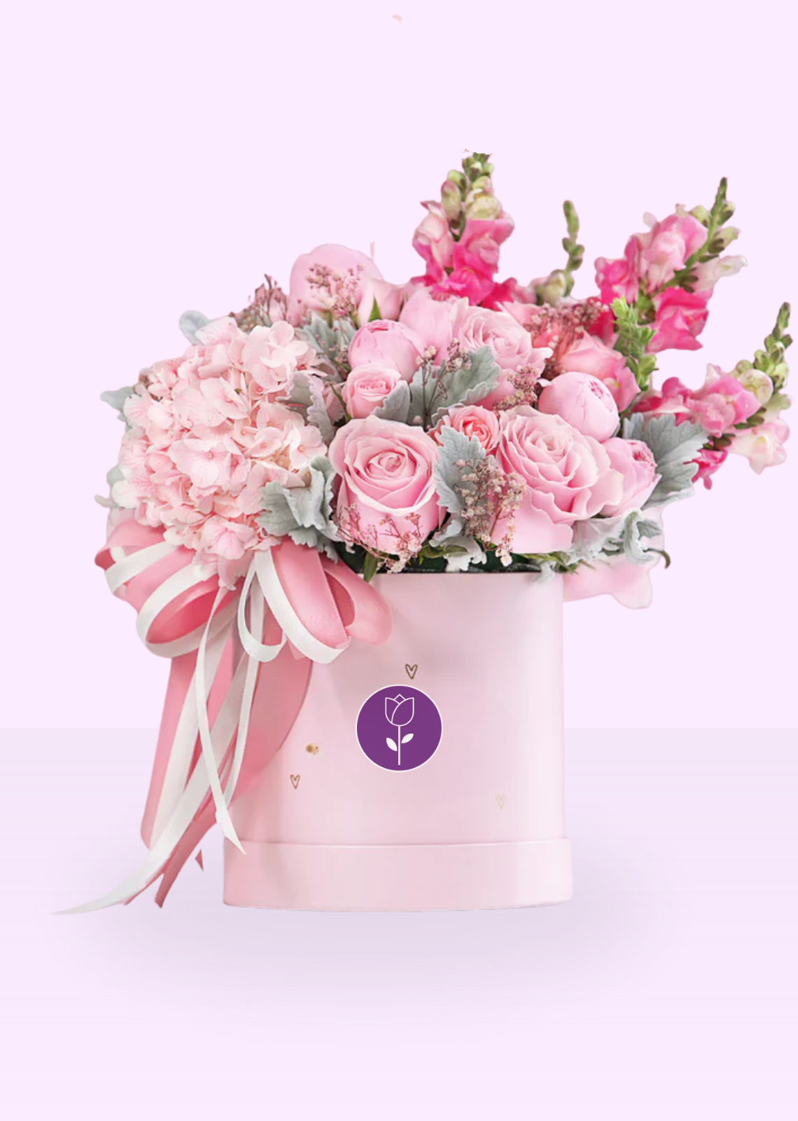 Caja con Rosas, Perritos y Hortensia Rositas - entrega de flores, ramo de flores, flores a domicilio