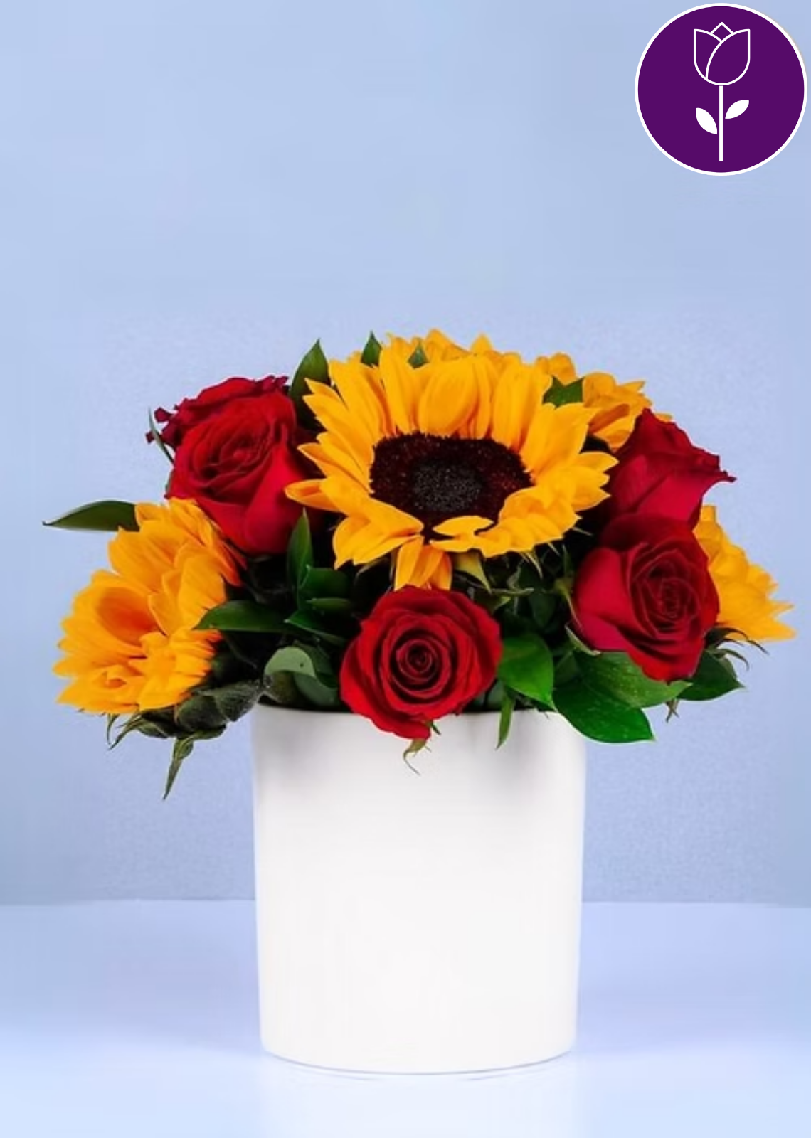 Girasoles y Rosas Rojas en Maceta de Cerámica - entrega de flores, ramo de flores, flores a domicilio