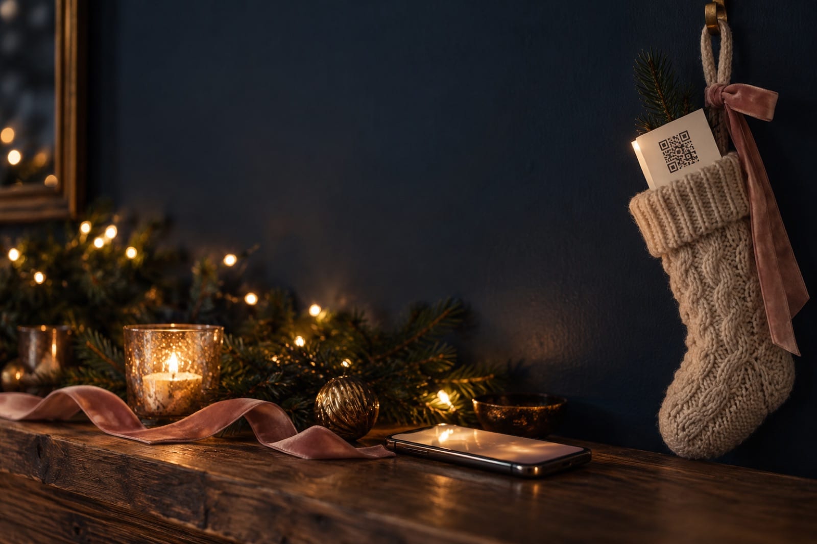 A stocking holding a printed QR code card, beside a phone, a candle, ribbon and pine garland on a mantel at night