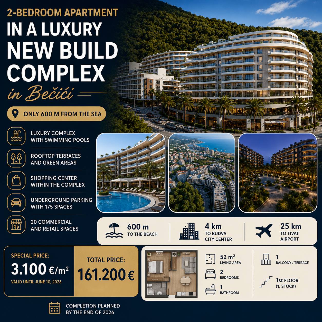 Stylish 1 Bedroom Apartment in Becici Elite Complex