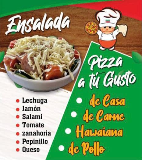 Ensalada con la pizza a tu gusto de casa, carne, pollo, hawaiana.