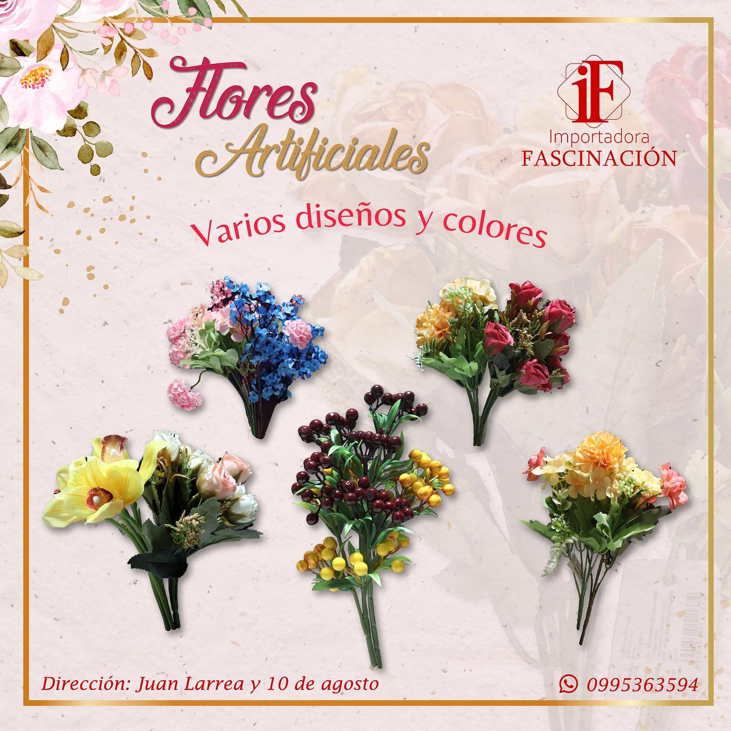 Flores artificiales varios diseños y colores.