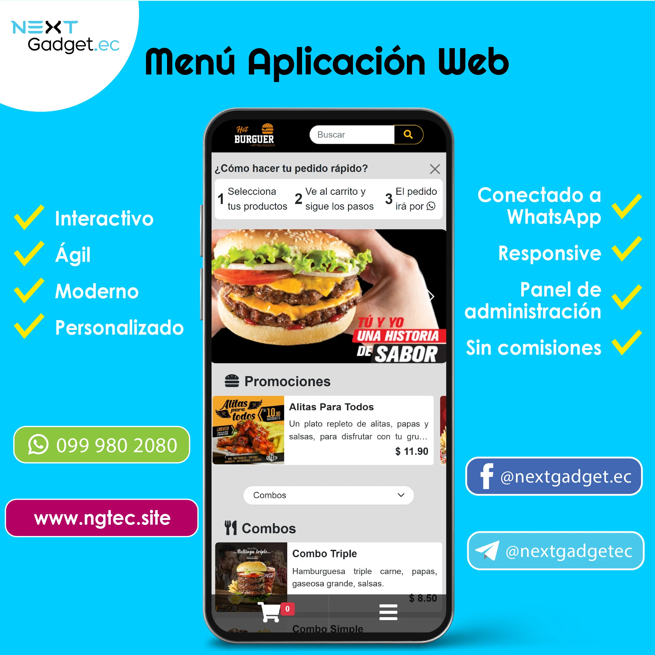 Menú App Online para Restaurantes. Recibe el pedido por WhatsApp.