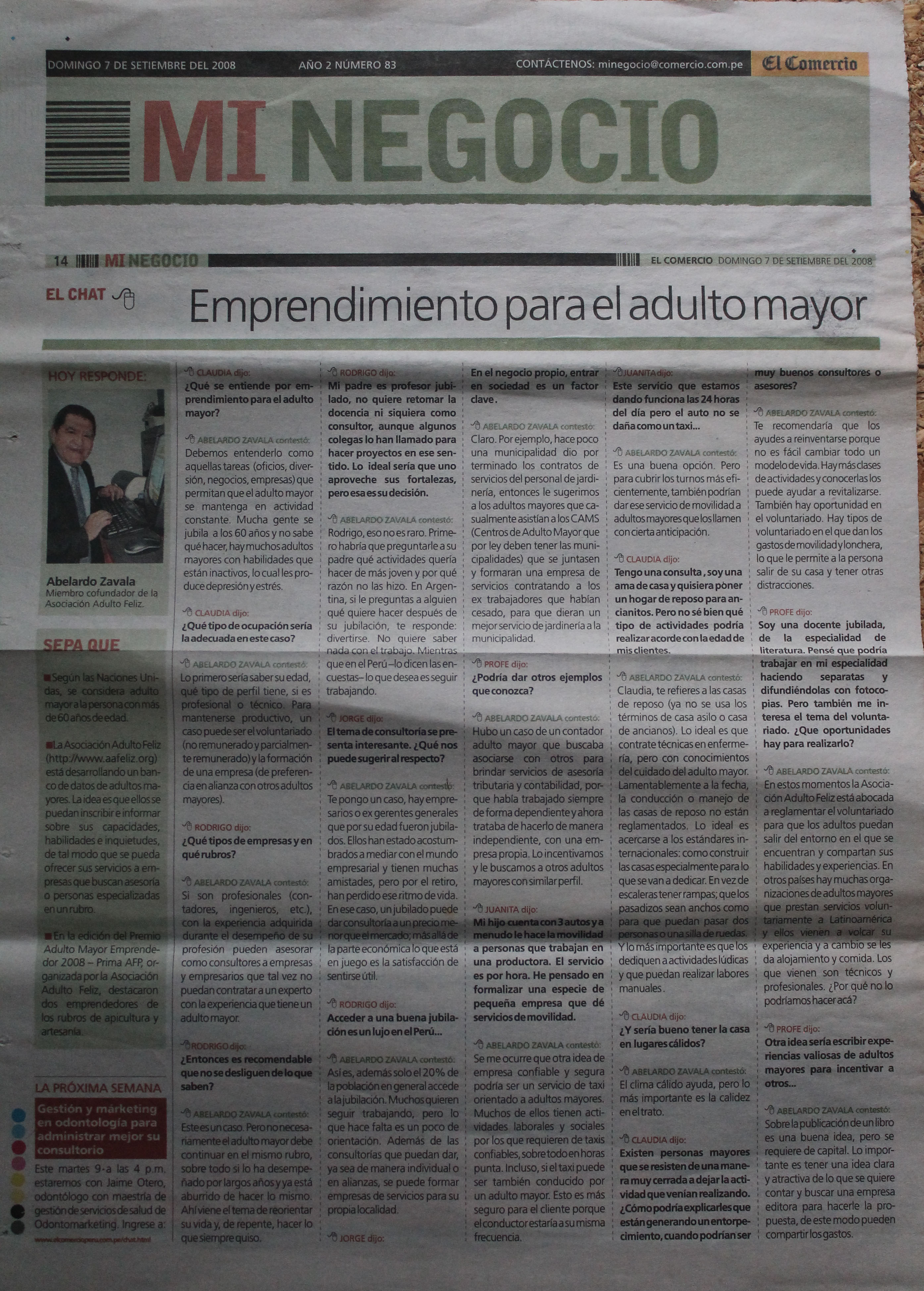 Emprendimiento para el adulto mayor | El Comercio 7 de Septiembre del 2008