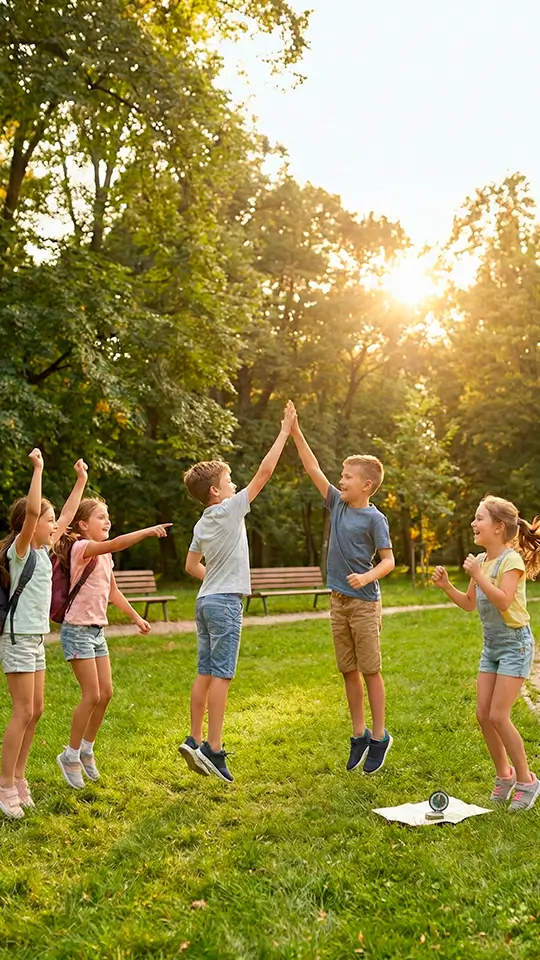 A group of students collaborating on an outdoor activity
