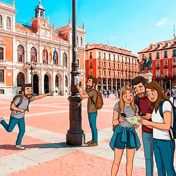 A person using their phone to solve a riddle in front of a monument.