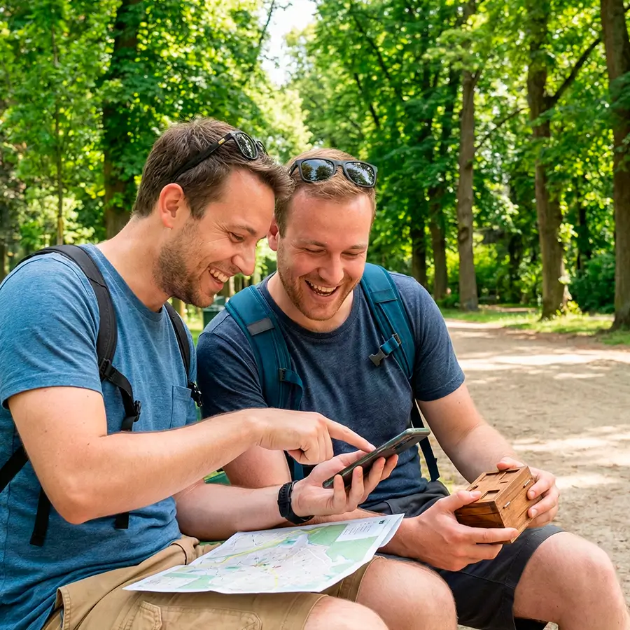 Two men playing an urban escape room with their mobile phones