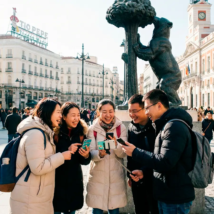 Tourists playing an urban escape room with their mobile phones