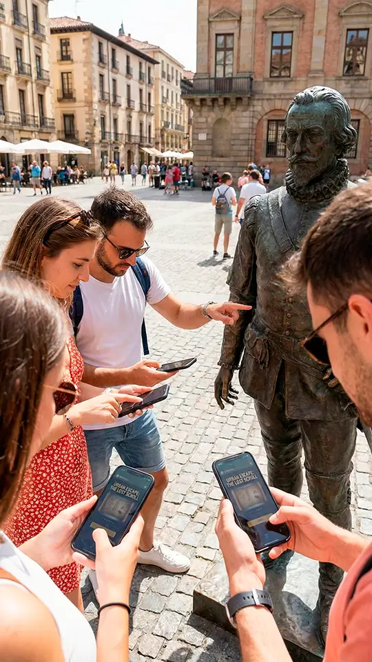Tourists solving a puzzle in a city