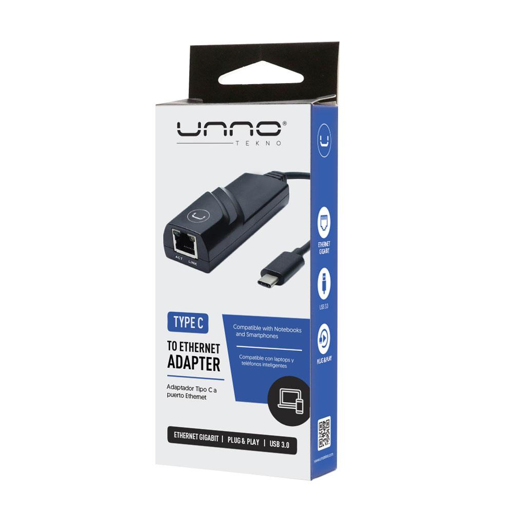 Adaptador Unno Tekno Tipo C a LAN Ethernet 1GBPS Conectividad N/P: AD3002BK - PC Mania