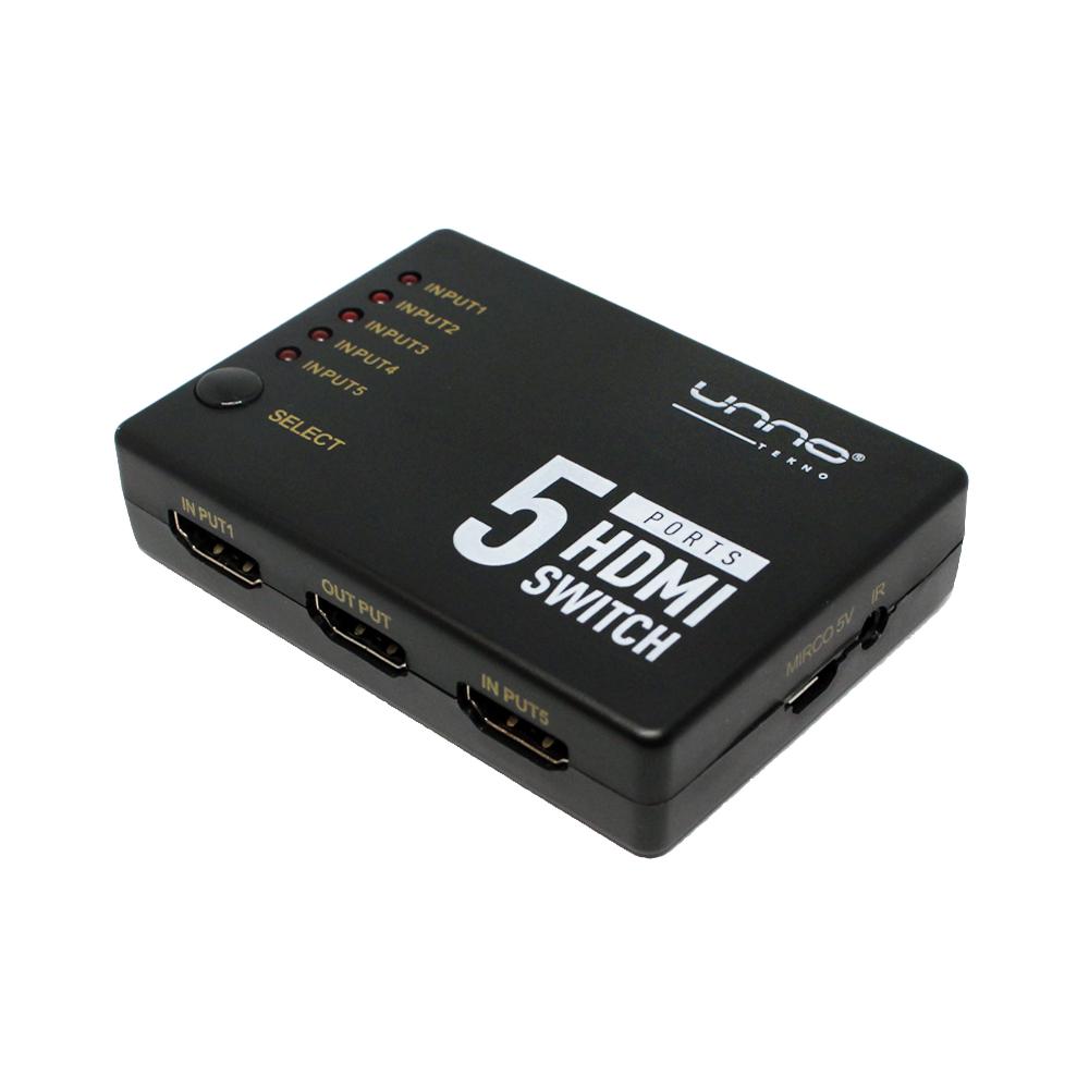 Switch HDMI Unno Tekno 5 Puertos 4K/2K/3D/DTS-HD/USB Auto Switch N/P: HB1203BK - PC Mania