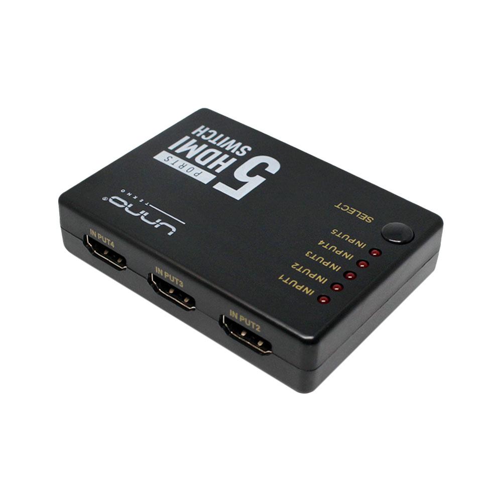 Switch HDMI Unno Tekno 5 Puertos 4K/2K/3D/DTS-HD/USB Auto Switch N/P: HB1203BK - PC Mania