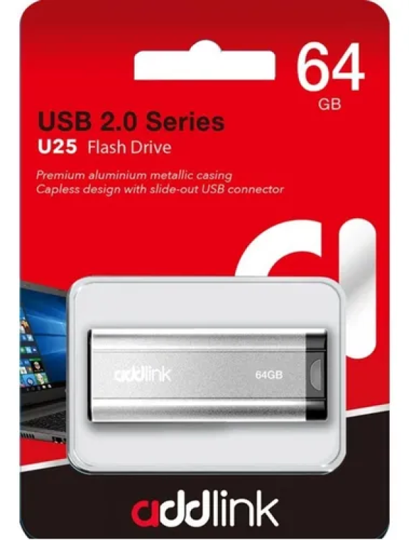 Pen Drive Addlink U25 64GB USB 2.0 Plateado N/P: AD64GBU25S2 - PC Mania