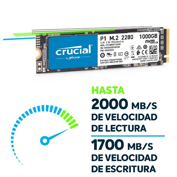 Disco Duro Solido SSD Crucial M.2 2280 1TB PCI-E 3.0 X4 3D NAND N/P: CT1000P2SSD8 - PC Mania