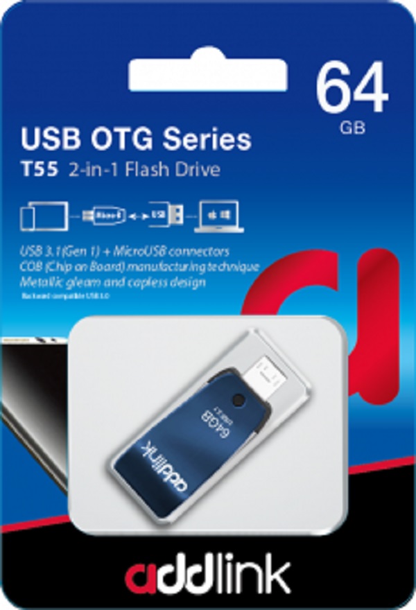 Pen Drive Addlink T55 64GB USB 3.1 + Micro USB OTG Azul N/P: AD64GBT55B3 - PC Mania