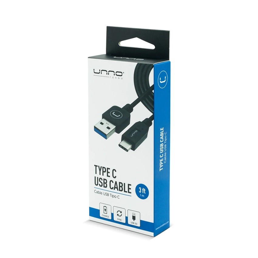 Cable Unno Tekno USB 3.0 MACHO a Tipo C MACHO 1 Mt. Negro N/P: CB4054BK - PC Mania