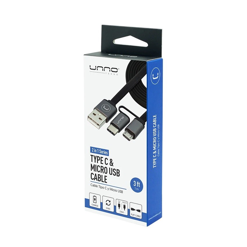 Cable Unno Tekno 2 en 1 USB A a TIPO C Y MICRO USB 1 Mt. N/P: CB4056GY - PC Mania