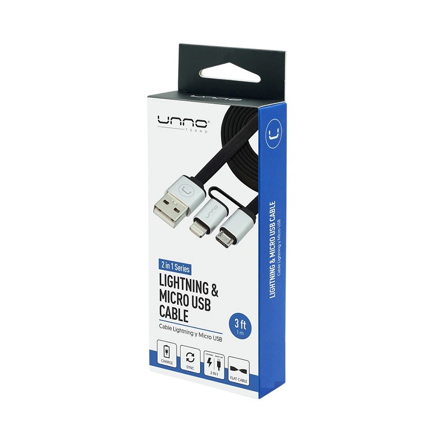 Cable Unno Tekno 2 en 1 USB A a Liightning Y Micro USB 1 Mt. Negro N/P: CB4057SV - PC Mania
