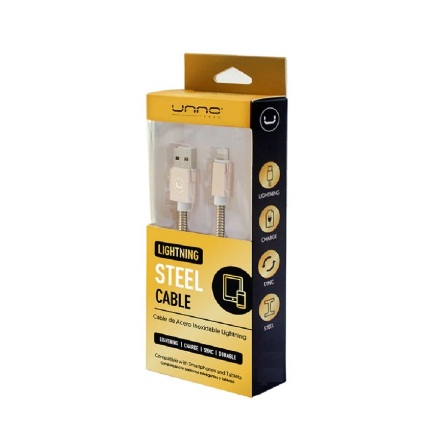 Cable Unno Tekno Trenzado USB A a Lightning 1 Mt. Dorado N/P: CB4063GD - PC Mania