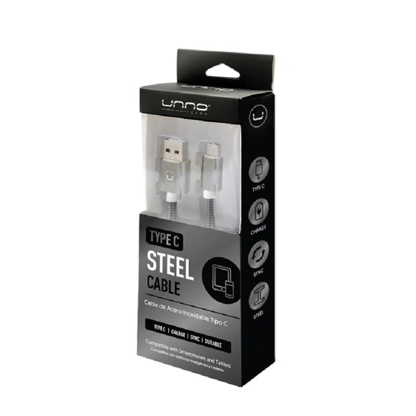 Cable Unno Tekno TIPO C a USB A 1 Mt. Plateado Acero Inoxidable N/P: CB4063GY - PC Mania