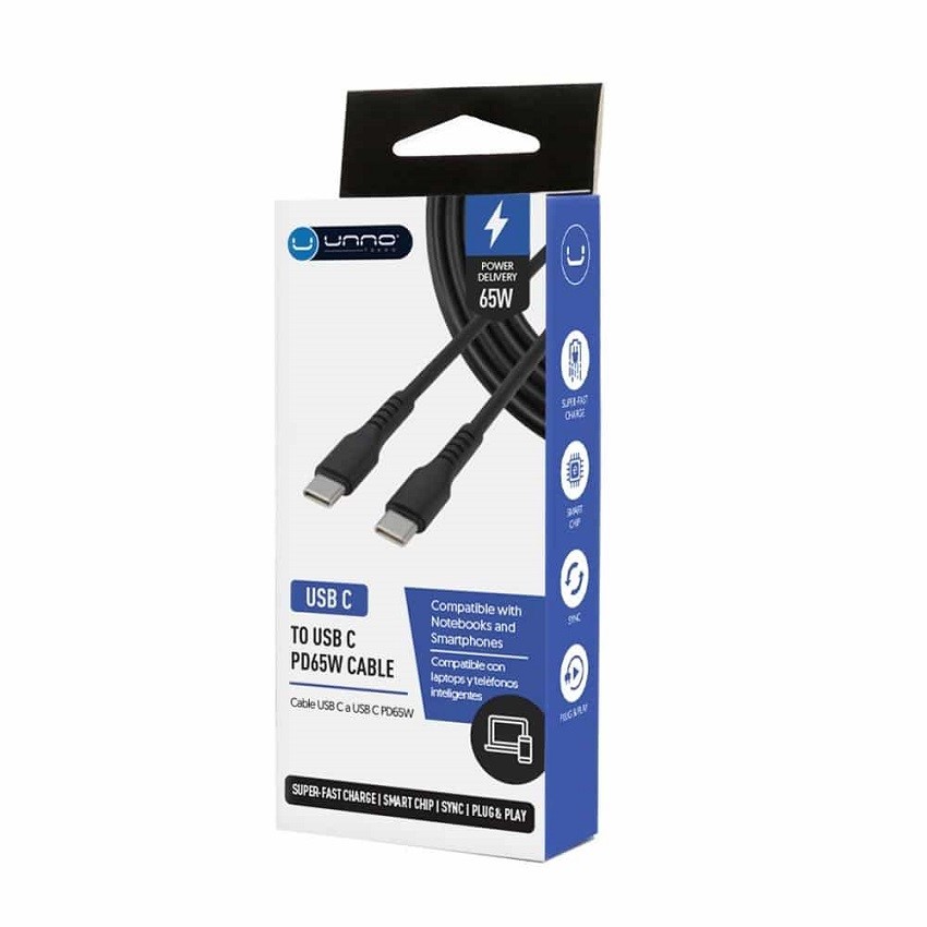 Cable Unno Tekno USB Tipo C a USB Tipo C PD65W 1.5 Mts. Negro N/P: CB4071BK - PC Mania