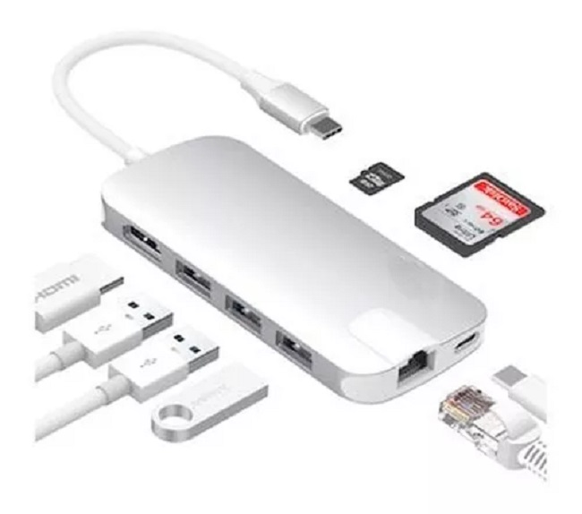 HUB 8 en 1 Unno Tekno USB C a HDMI/RJ45/USB A 3.0/SD/MicroSD/PD Hembra N/P: HB1108SV - PC Mania