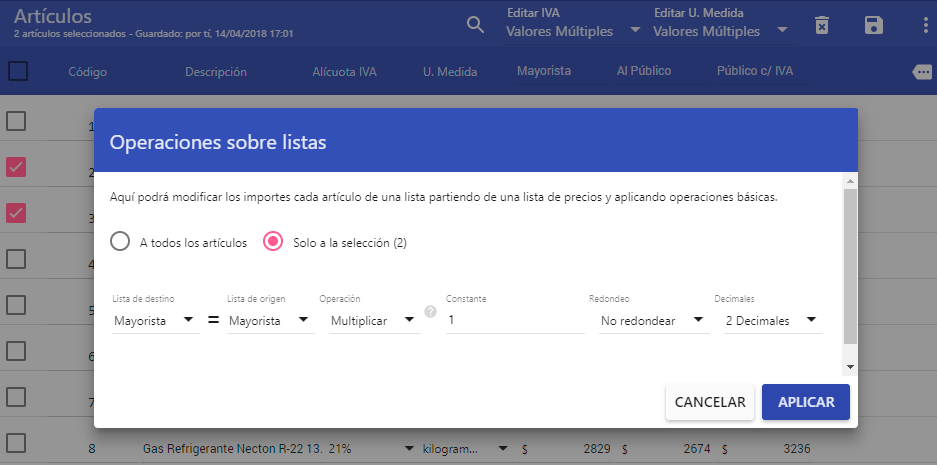 Operaciones sobre listas de precios