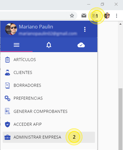 Menu administrar empresas asistente factura electrónica