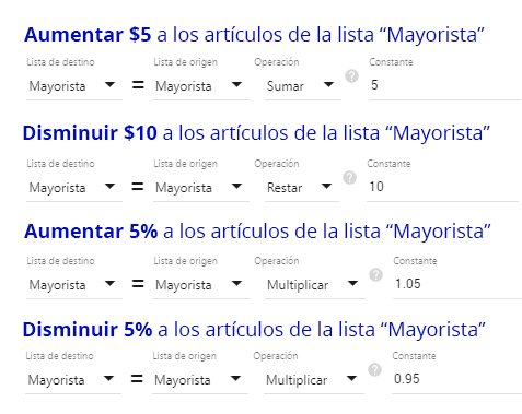Ejemplos de operaciones sobre listas de precios