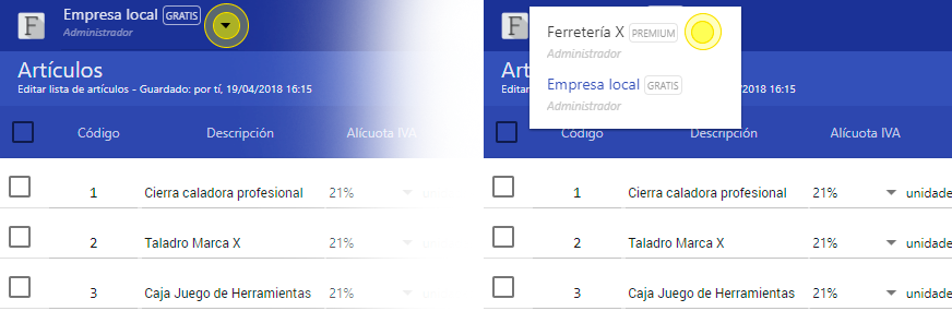 Cambiar empresa seleccionada