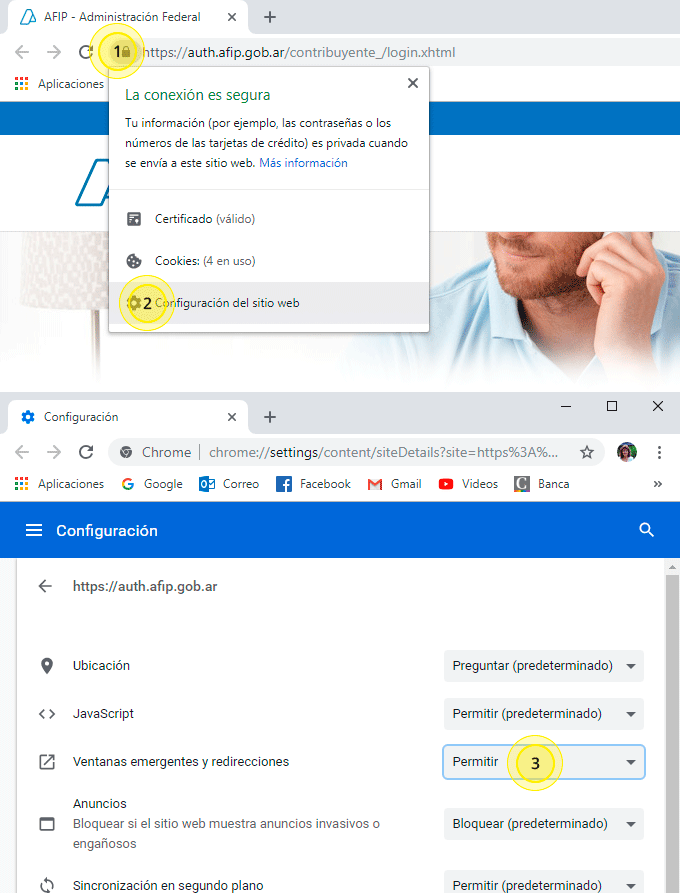 Habiltiar ventanas emergentes AFIP comprobantes en línea