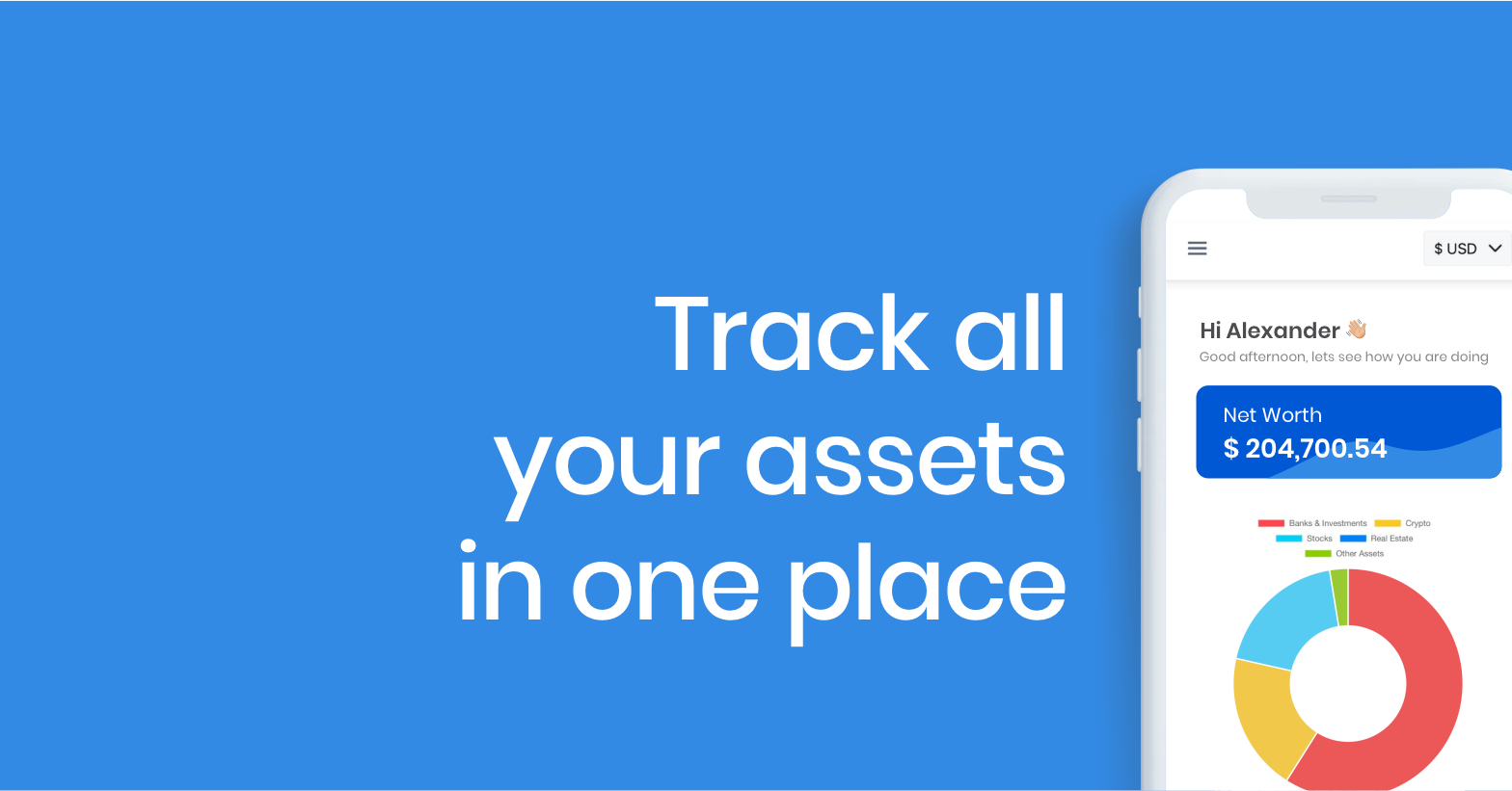 Graphic of Cova mobile app with text "track all your assets in one place"