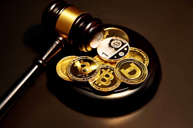 Coins with cryptocurrency logos of Bitcoin and others on top of a sound block beside a gavel. Photo by Kanchanara.