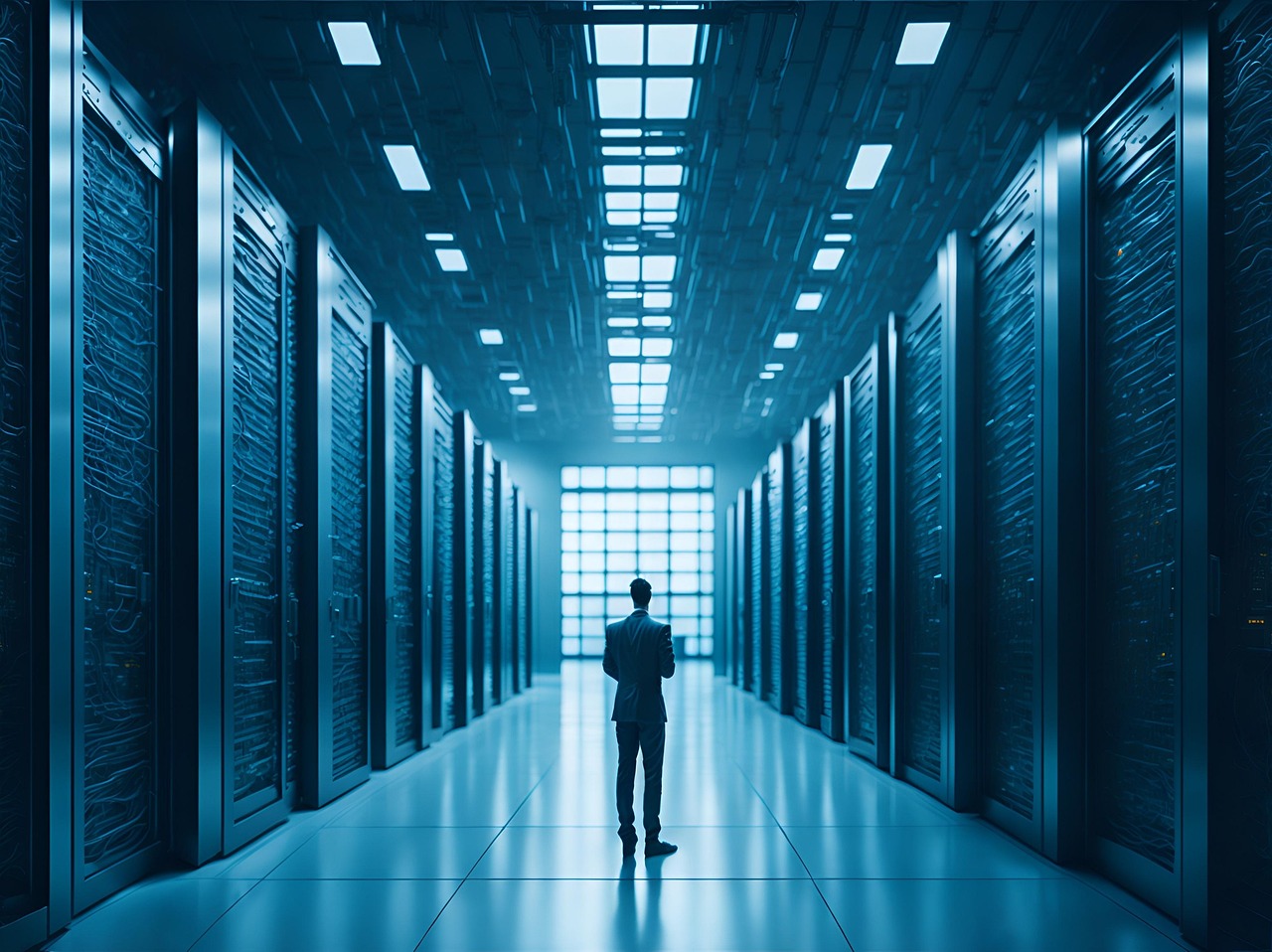 Man standing in data center. Photo by TheDigitalArtist on pixabay.com