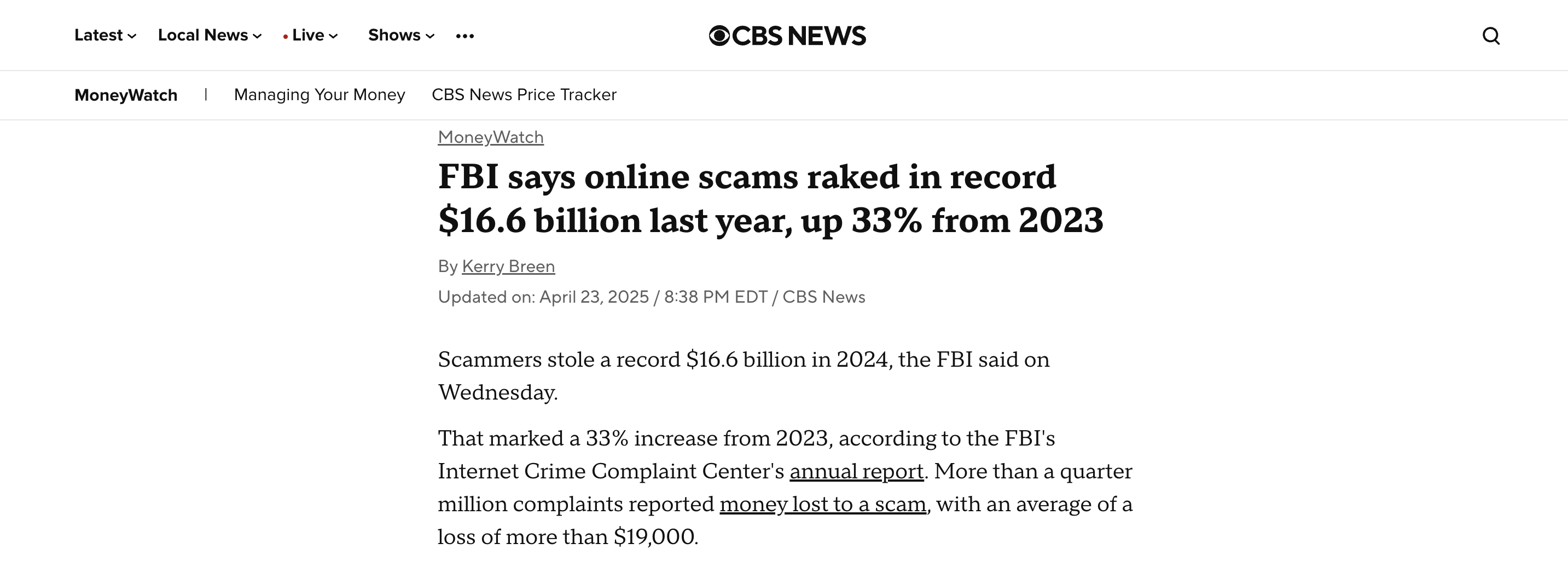 FBI scam statistics showing average losses