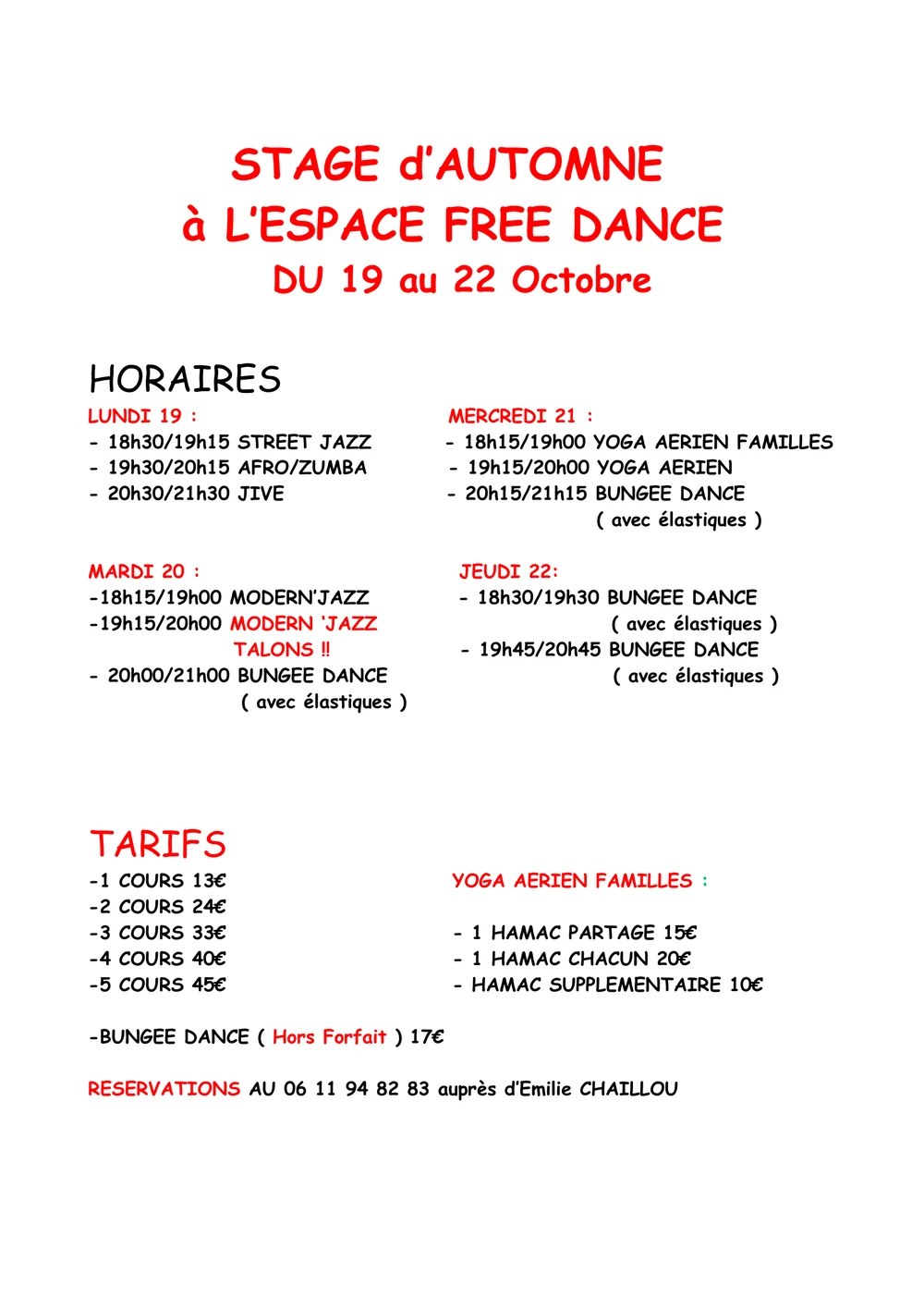 Horaires et tarifs stage d'automne 2026