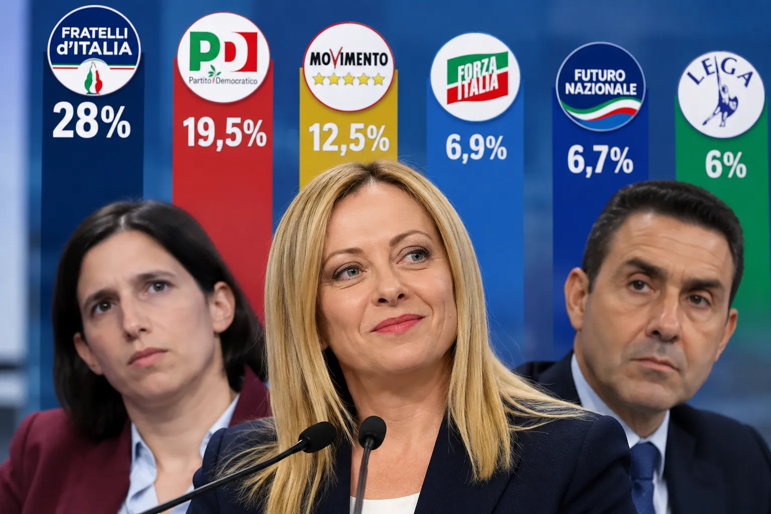 Sondaggi, Meloni allunga e il centrodestra sorpassa il Campo largo: FdI al 28%, Pd sotto il 20%