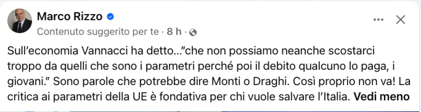 L'immagine mostra un post di Marco Rizzo su Facebook riguardante l'economia. Rizzo critica i parametri dell'Unione Europea, sottolineando che il debito verrà pagato dai giovani. La sua dichiarazione si oppone a quanto affermato da altri esponenti politici come Monti e Draghi.