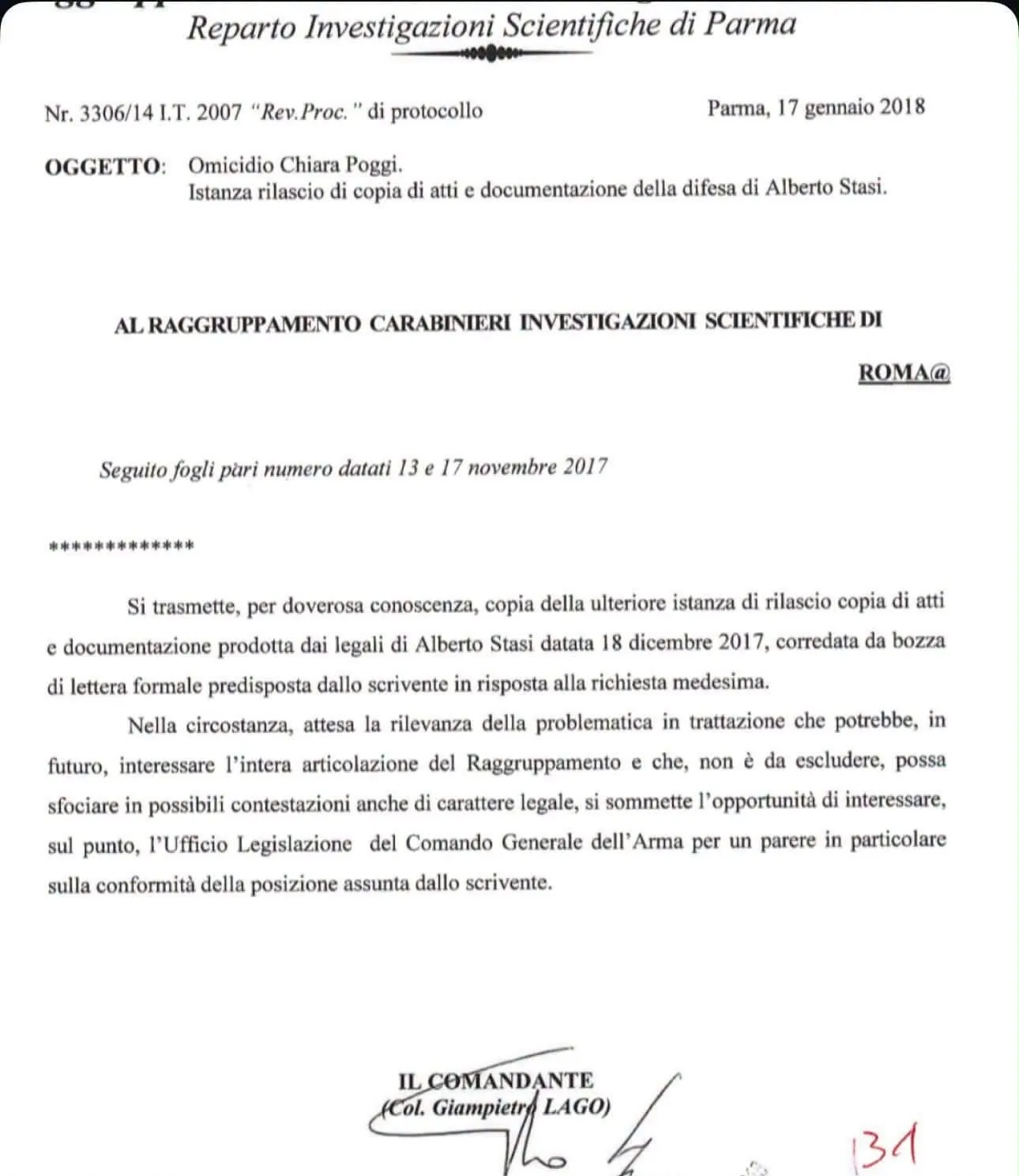 Il documento è una comunicazione ufficiale da parte del Reparto Investigazioni Scientifiche di Parma, datato 17 gennaio 2018. Si tratta di una richiesta di rilascio di copia di atti e documenti relativi all'incidente di Alberto Stasi, indirizzata al Raggruppamento Carabinieri Investigazioni Scientifiche di Roma.